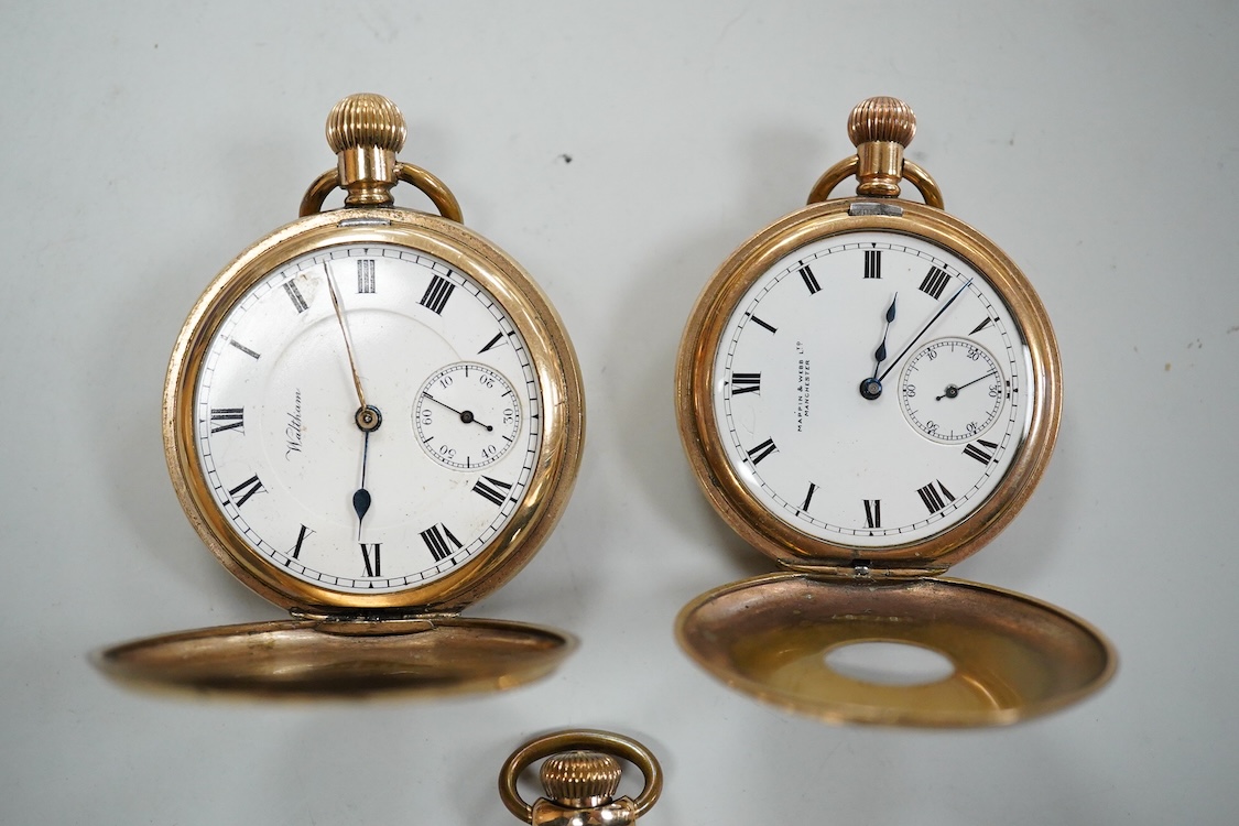 An early 19th century gilt metal pair cased keywind verge pocket watch by Matthew Derbyshire of Wakefield, with Roman dial, outer case diameter 48mm, lacking glass, together with four assorted gold plated pocket watches